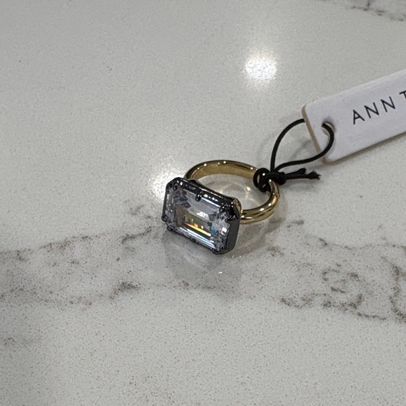 Ann Taylor Gold Ring with Rectangular Grey Emerald Cut Crystal Size 7 - Picture 7 of 10